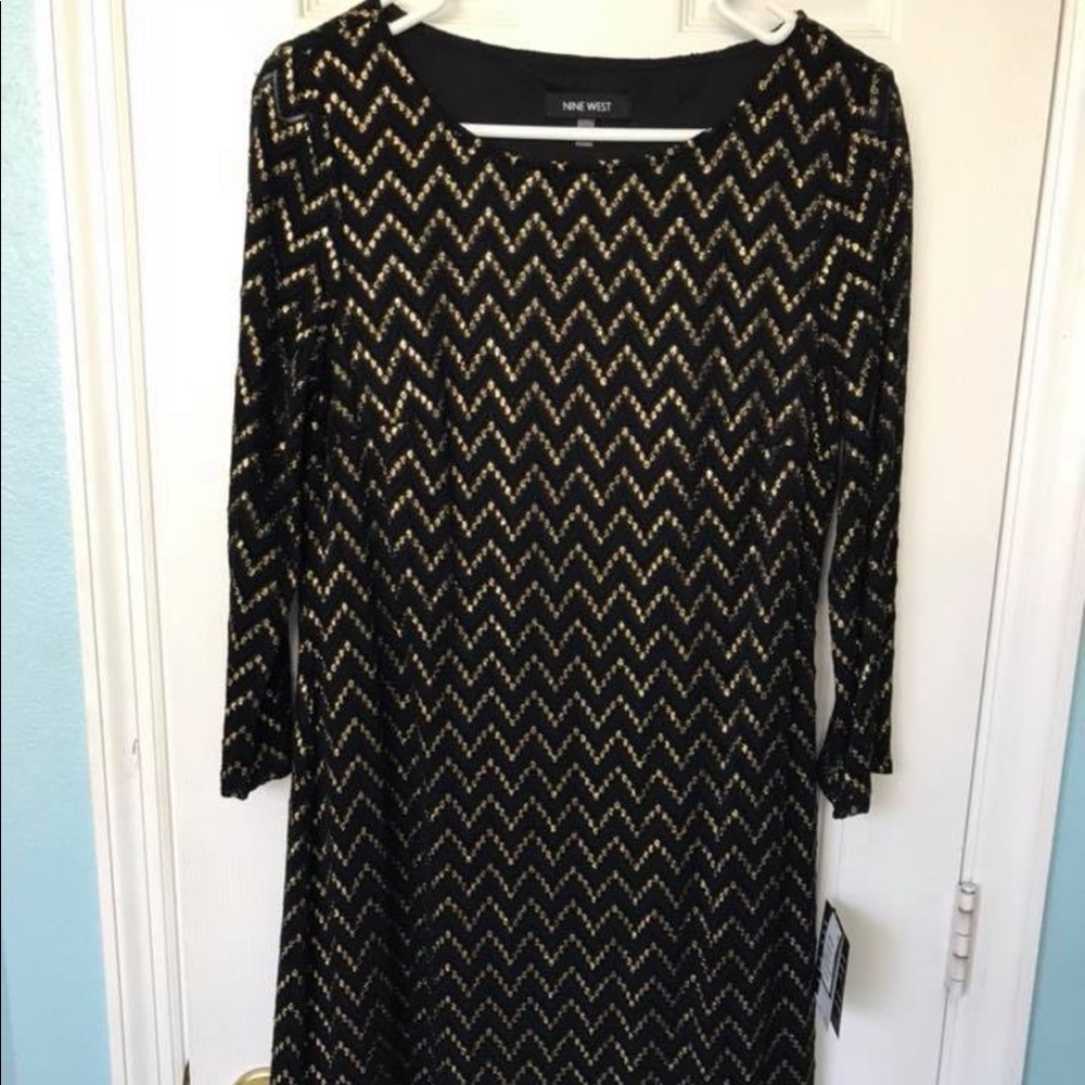 Nine West sheath dress NWT sz 10 black and gold metallic